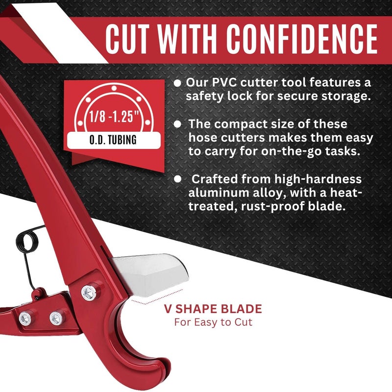 Flexzion Pipe and Tube Cutter Tool - One-Handed PVC Pipe Cutter, 1/8" to 1-1/4" Durable PEX Cutting Tool, Aluminum Ratcheting PVC Cutter for Plumbers & DIY Enthusiasts, Red - Image 4